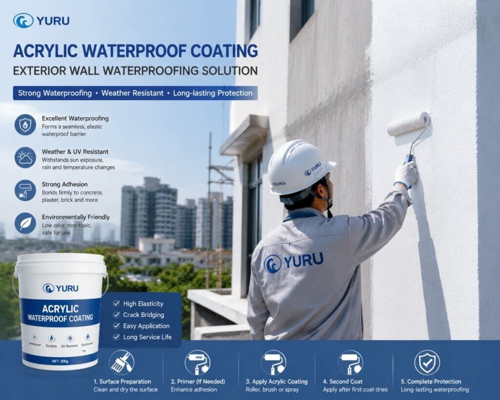 Acrylic waterproof coating application for exterior wall waterproofing