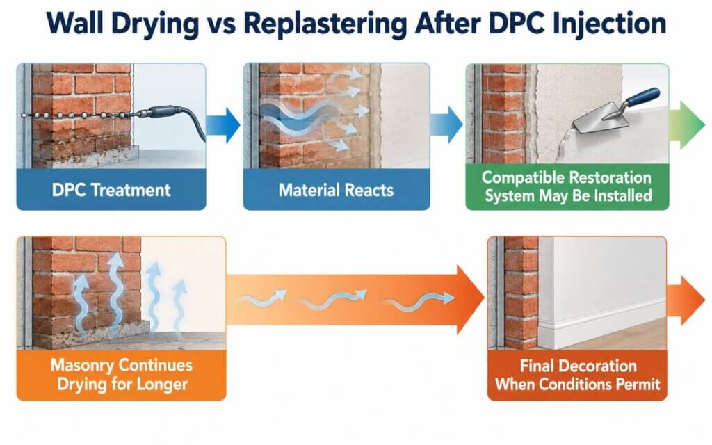 Difference between DPC replastering time and wall drying time