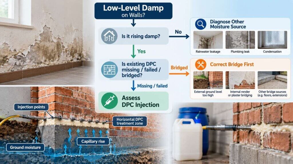 Damp proof injection decision route for rising damp