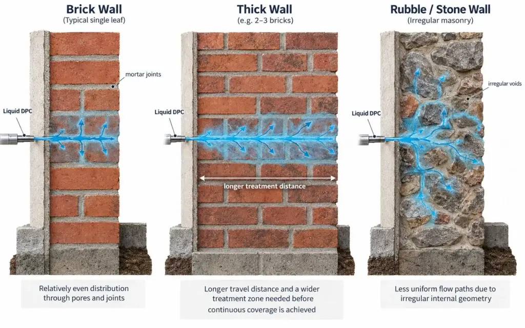 How masonry structure affects liquid DPC distribution