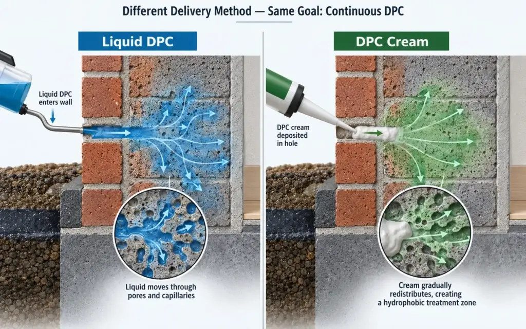 Liquid DPC vs DPC cream showing different delivery and distribution methods through masonry