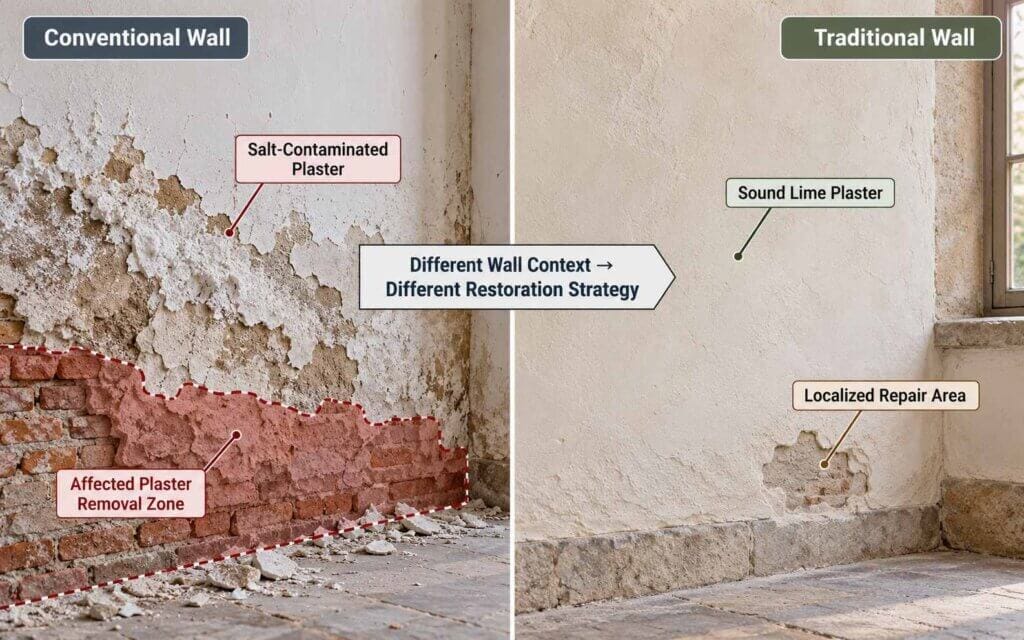 Remove or retain existing plaster after DPC treatment