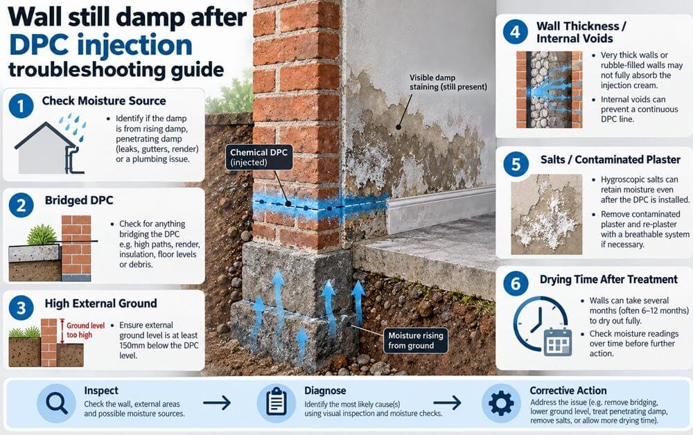 Wall still damp after DPC injection troubleshooting guide